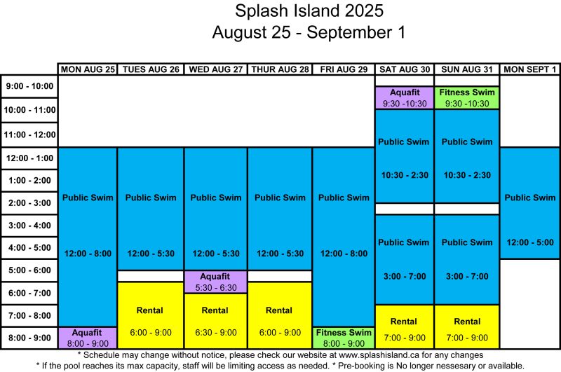 August 25 - September 1 2025 Splash Pool Schedule
